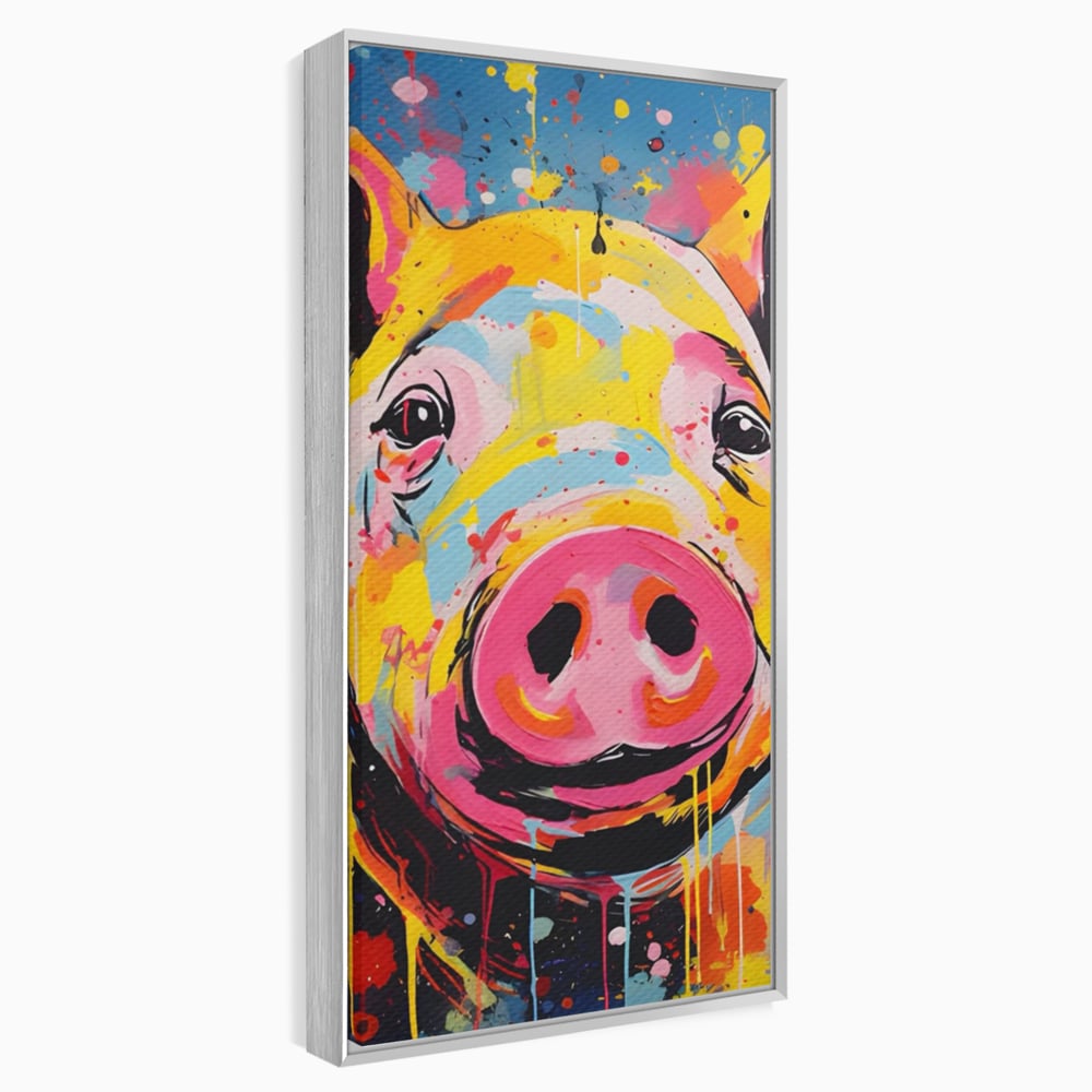 Tablou canvas cu tablou canvas portret de porc colorat, in rama de aluminiu argintiu